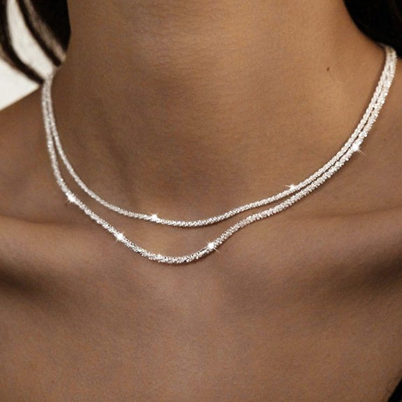 Tewiky 2Pcs Silver Necklace for women,Dainty Layered Stacked Chain Choker Necklace - Trendy 925S Silver Plated Layering Necklaces Cross Long Necklace for Women Jewelry