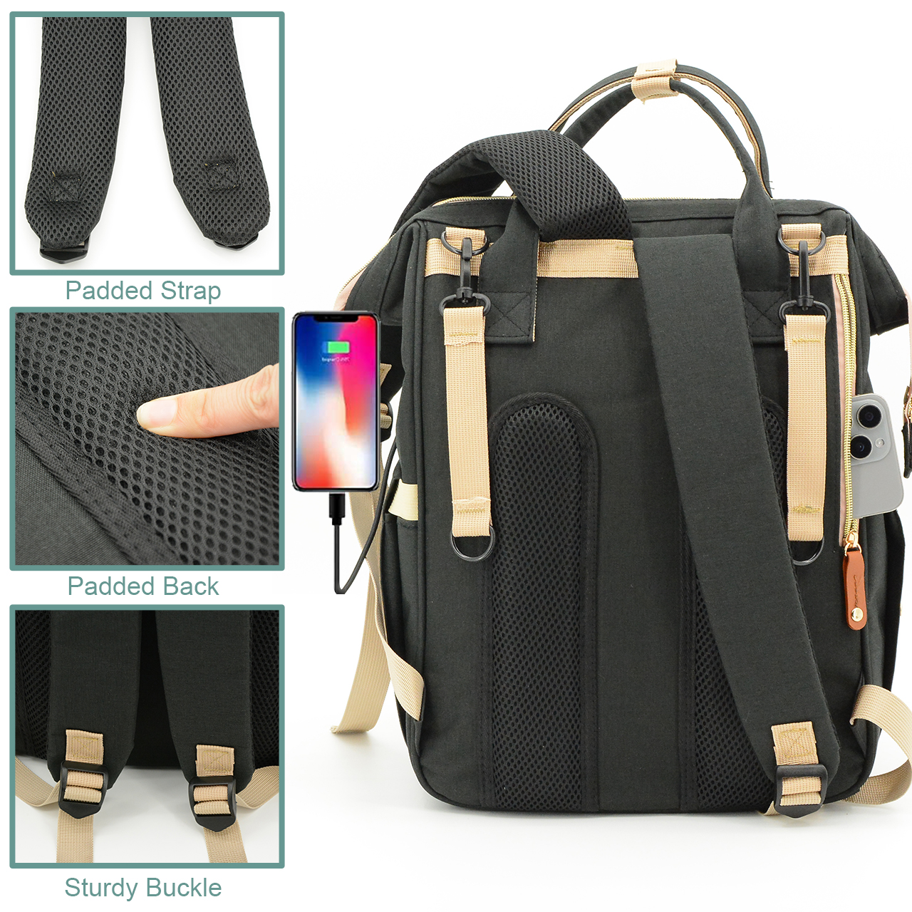 Diaper Bag Backpack, DERSTUEWE Diaper Backpack, Baby Bag with Insulated Bottle Pockets, Unisex, Black