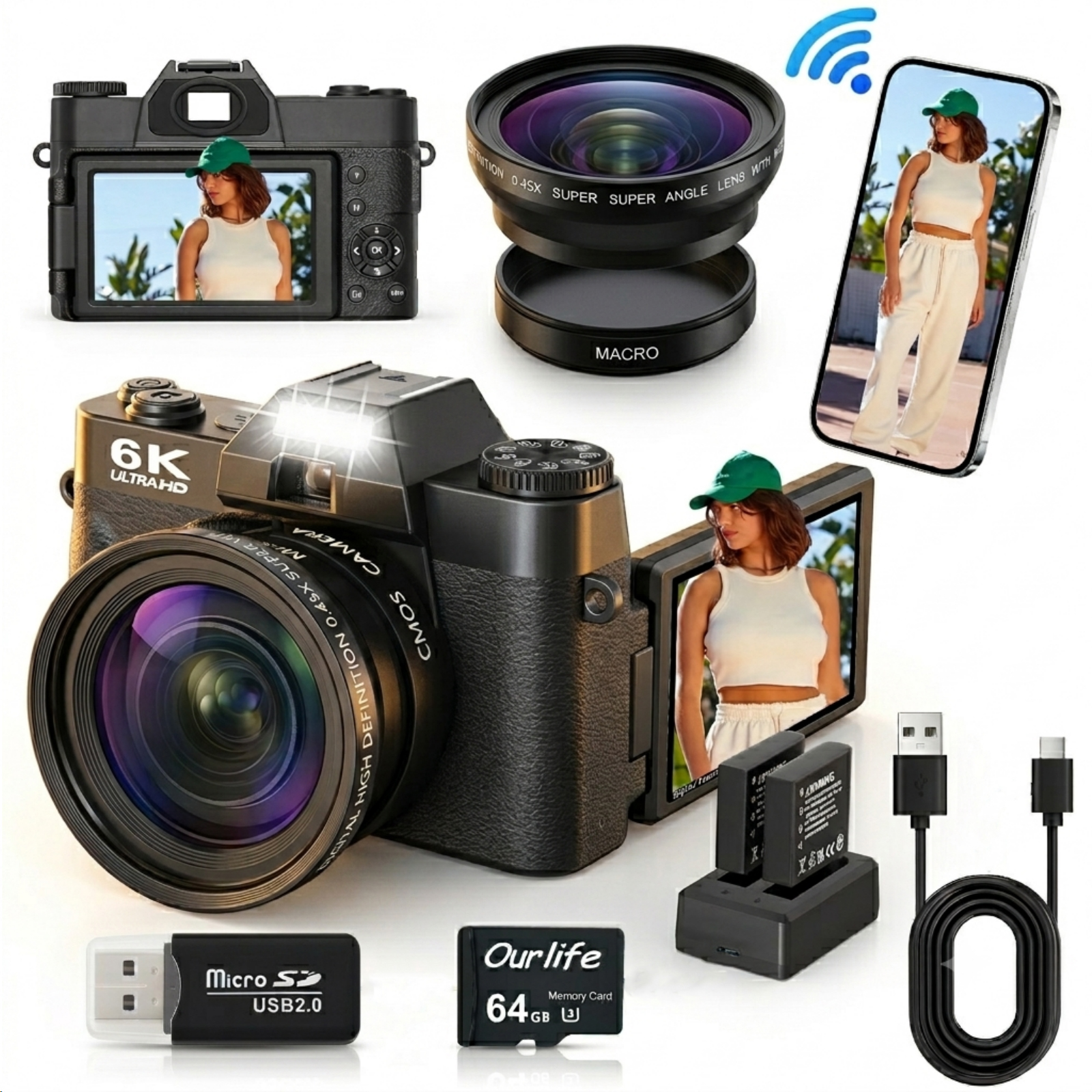 Ourlife 6K Digital Camera for Photography, 64MP Vlogging Camera for YouTube with WiFi, 16X Zoom Autofocus, Wide-Angle & Macro Lens, 64GB Card - Black