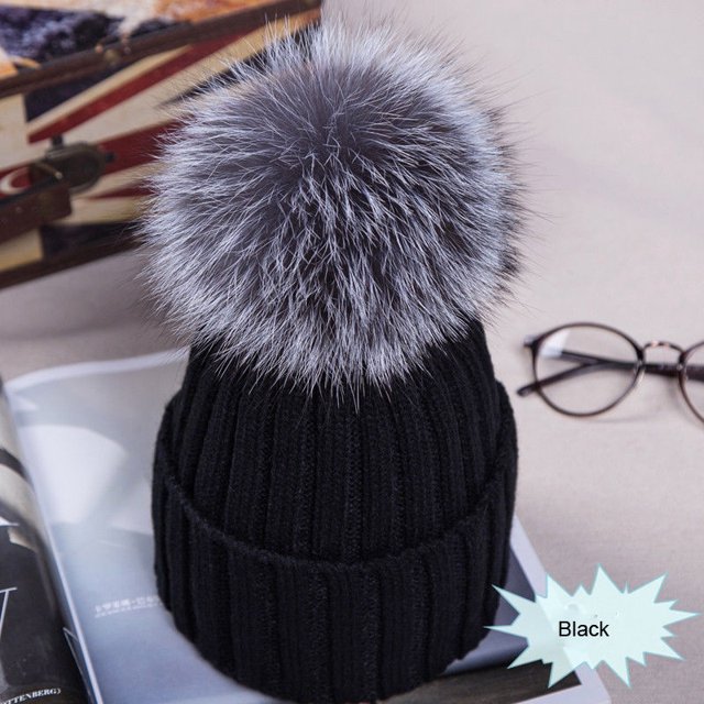 ITFABS Ladies Knitted Woolen Cap Solid Color Furry Ball Thick Stylish Hat
