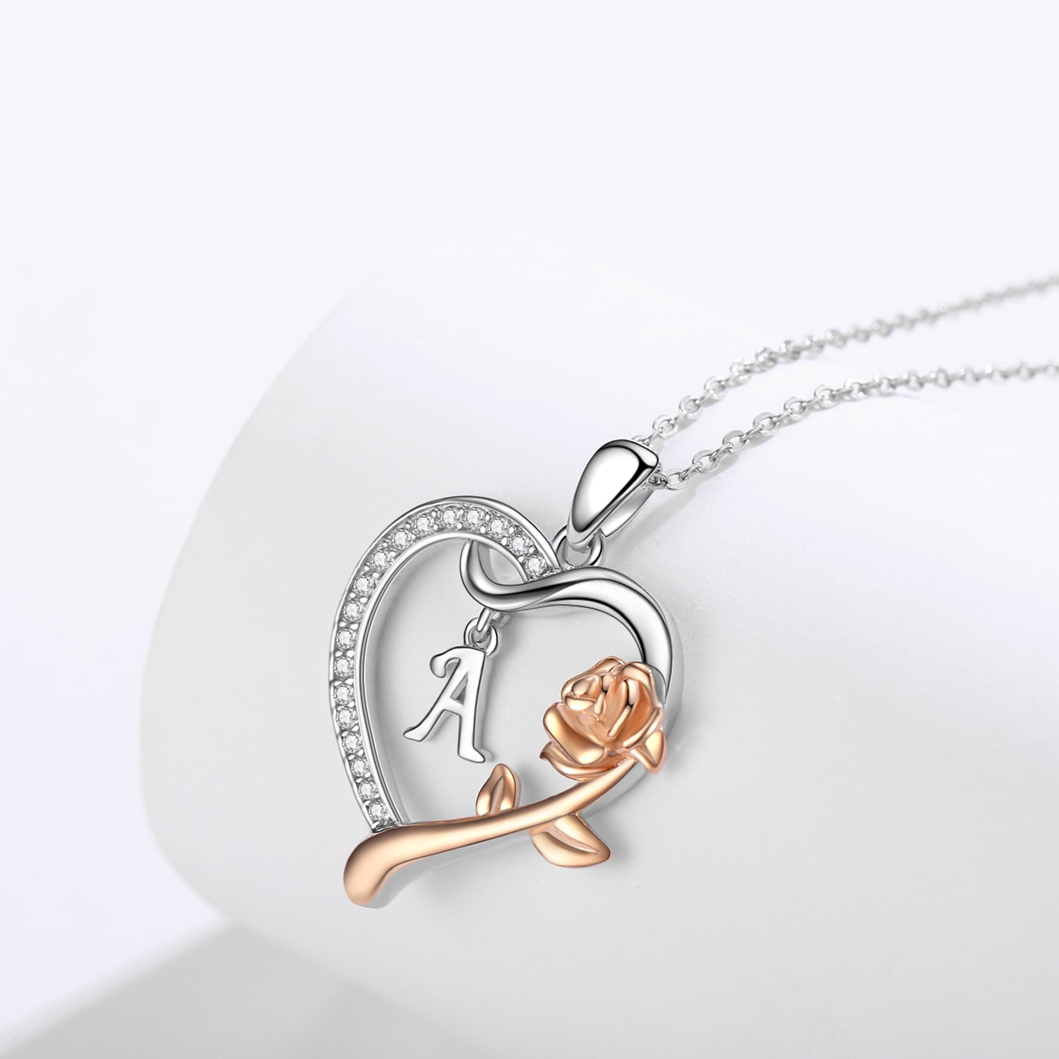 Coachuhhar Initial Letter Necklace 925 Sterling Silver Love Heart Letters with Rose Flower Pendant Necklace Jewelry Gifts for Women
