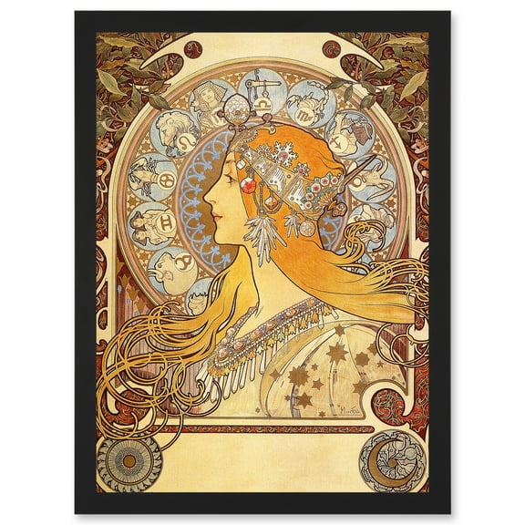 Alphonse Mucha Zodiac 1896 Art Nouveau Orange Gold Painting A4 Artwork Framed Wall Art Print