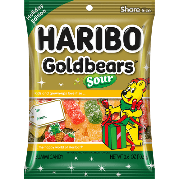 HARIBO Sour Goldbears Gummy Bears Holiday Edition Gummy Candy 3.6oz Share Size Peg Bag
