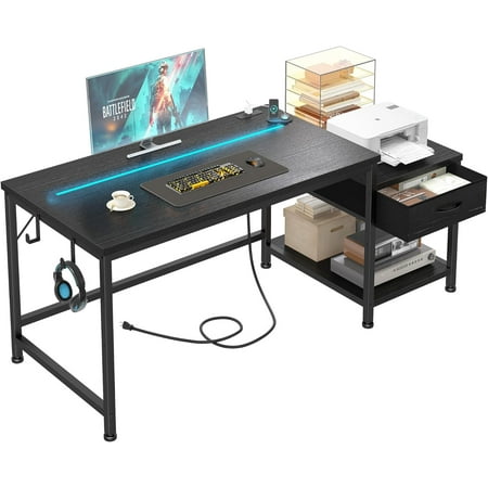 Gaming Desk 48.1 Inch with LED Lights and Power Outlets,Reversible Computer Desk with Drawers and Shelf,Gaming Table with Hooks for Headphone,Bags,Small Desk for Bedroom,Dorm,Black