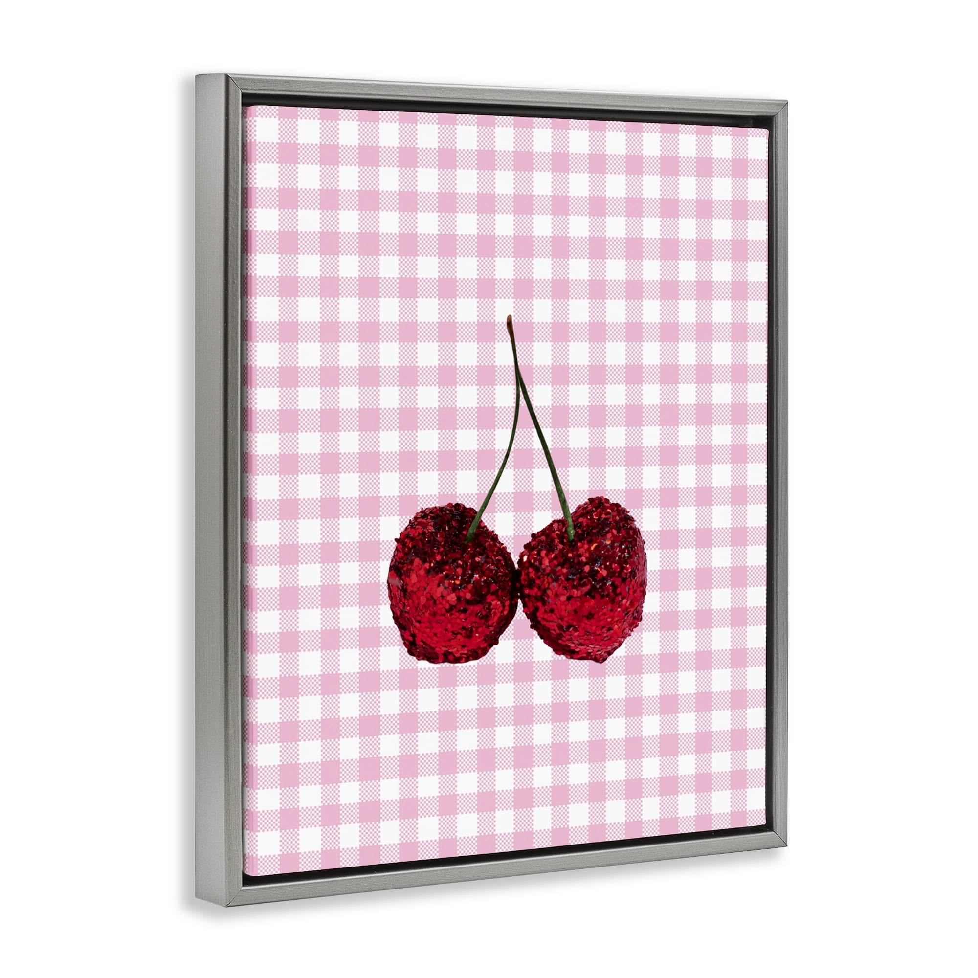 Stupell Industries Glitter Cherry on Pink Gingham Gray Framed Floater Canvas Wall Art, design by LISH Creative