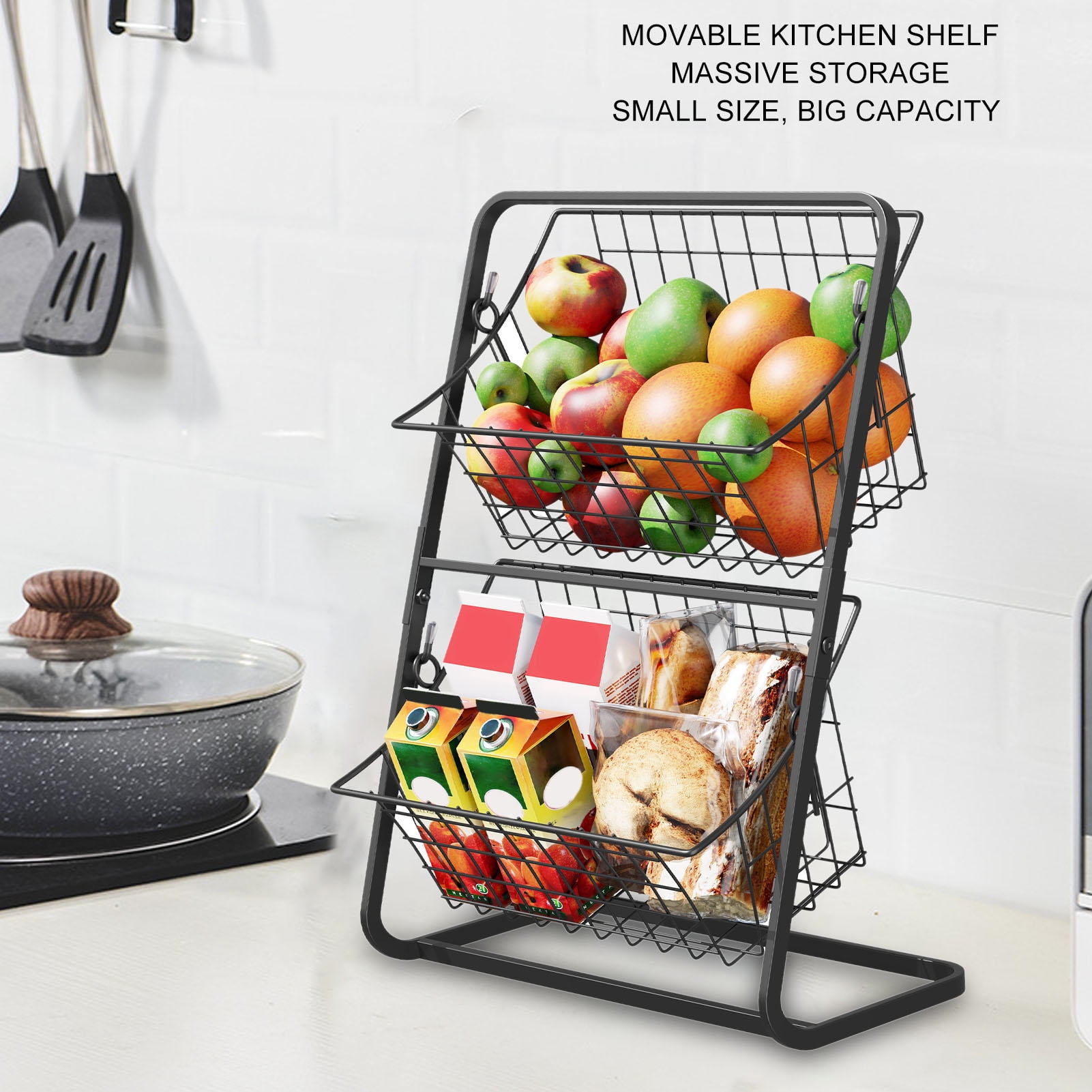 YAHHU Kitchen Fruit Storage Basket Multipurpose Carbon Steel Mesh Hollow Design 2 Tier Fruit Basket Bowl for Kitchen Counter Space Saving Black