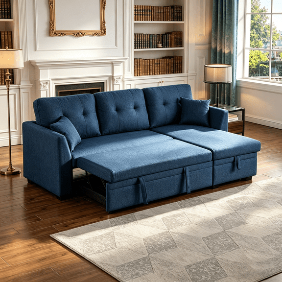 Alexent Sleeper Sofa with Pull-Out Bed, L-Shaped Sectional Sofa with Storage, 3-Seater Sofa, Navy Blue
