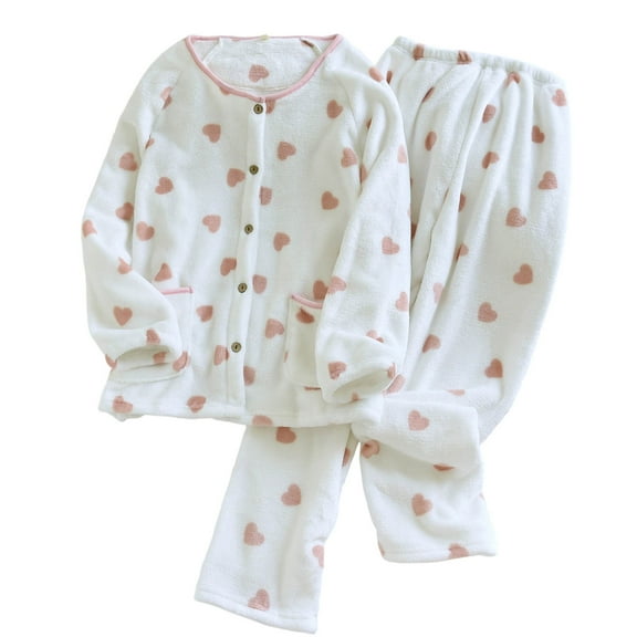 cfhntfmh Fleece Womens Pajama Sets Heart Printed Fuzzy Pajama Loungewear 2 Piece Winter Sherpa Sleepwear Outfits