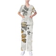 thumbnail image 6 of BiZtdJrK Scrubs for Women 2 Piece Outfits Floral Printed Nursing Uniform, Casual V Neck Short Sleeve Shirts and Wide Leg Pants Matching Sets Multicolor S, 6 of 7