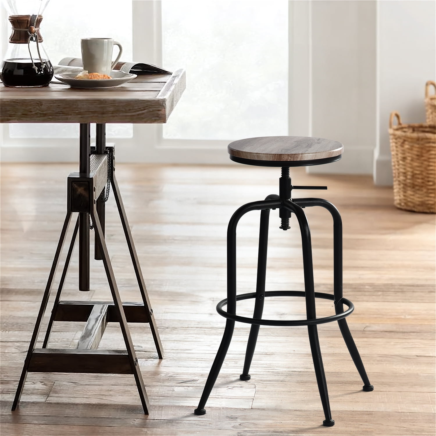 Homy Casa Swivel Bar Stools Set of 2, Adjustable Height Vintage for Home Kitchen Island, Oak