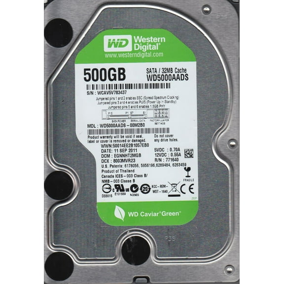 WD5000AADS-00M2B0, DCM EGNNHT2MGB, Western Digital 500GB SATA 3.5 Hard Drive