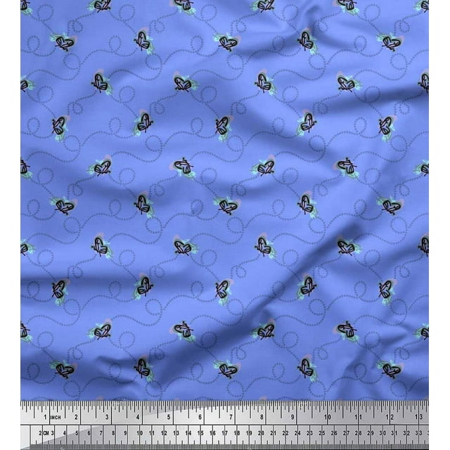 Soimoi Toile de Coton Bleu Tissu Imprimé Insecte et Texture par la Cour 56 Pouces de Large