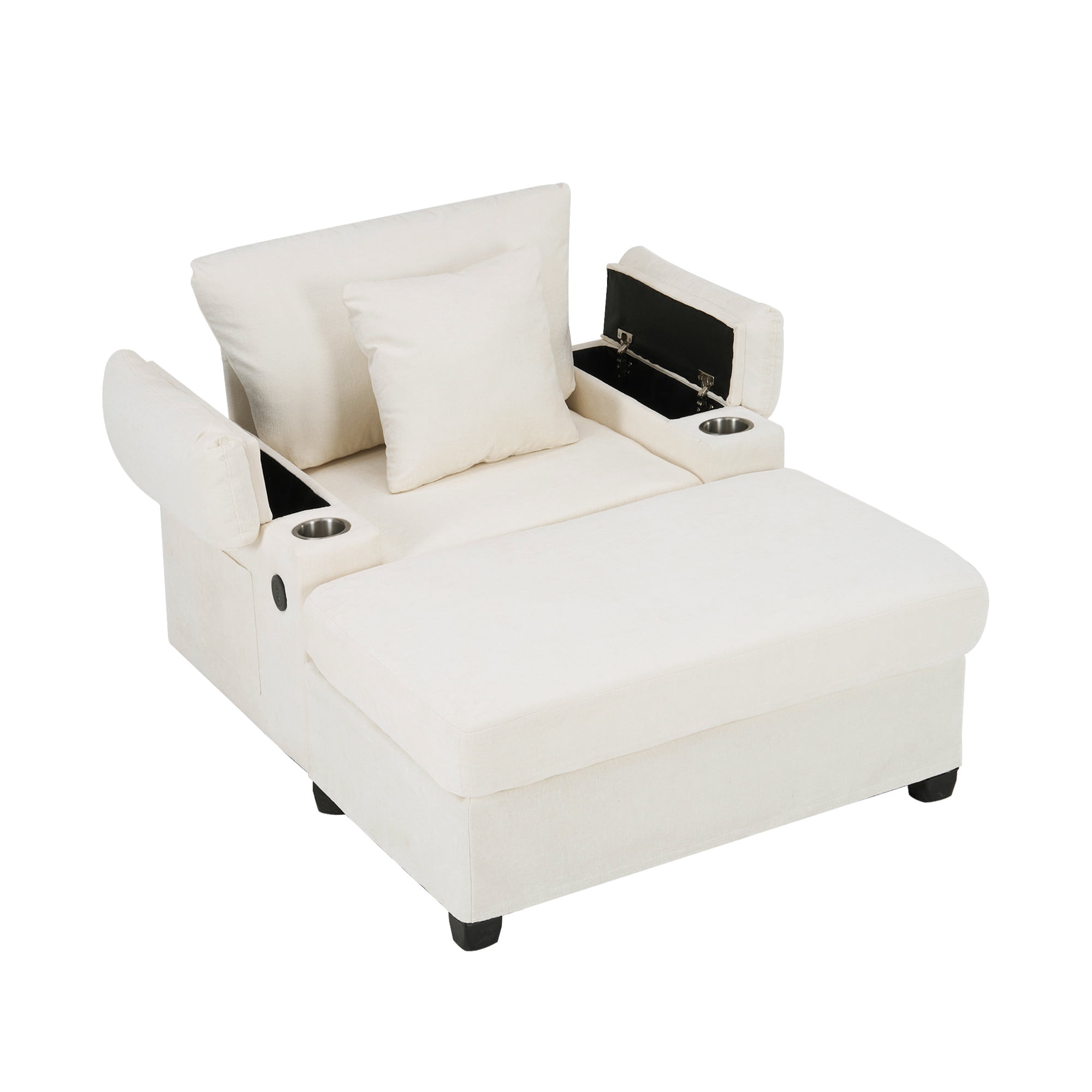 Aukfa 58" Chaise Lounge Oversized Sofa Chair with 2 Cup Holders&USB Ports, Chenille, Beige