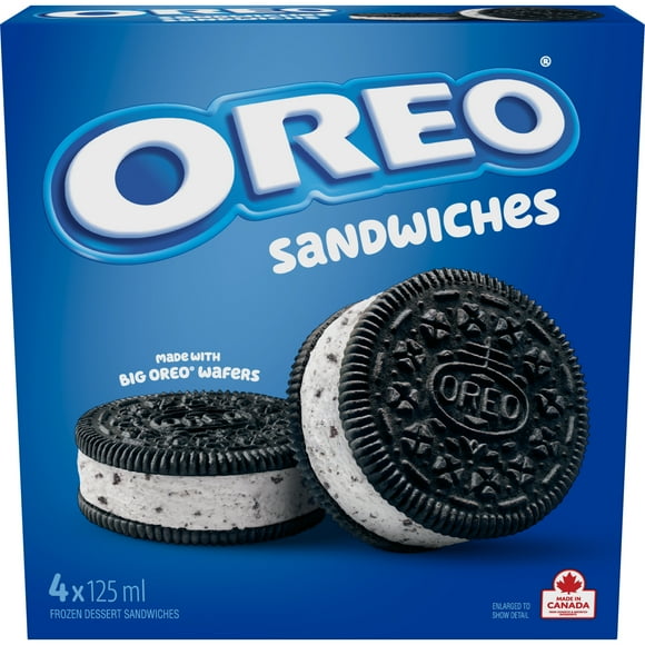 CHRISTIE OREO Sandwichs au dessert glacé, dessert glacé à saveur de crème mélangé avec des morceaux de biscuits OREO servi entre deux grosses gaufrettes Oreo, fabriqué au Canada, sans colorant artificiel 0.5 L