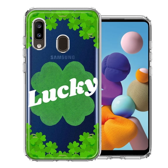 MUNDAZE for Samsung Galaxy A20 Lucky St Patrick's Day Shamrock Green Clovers Double Layer Phone Case Cover