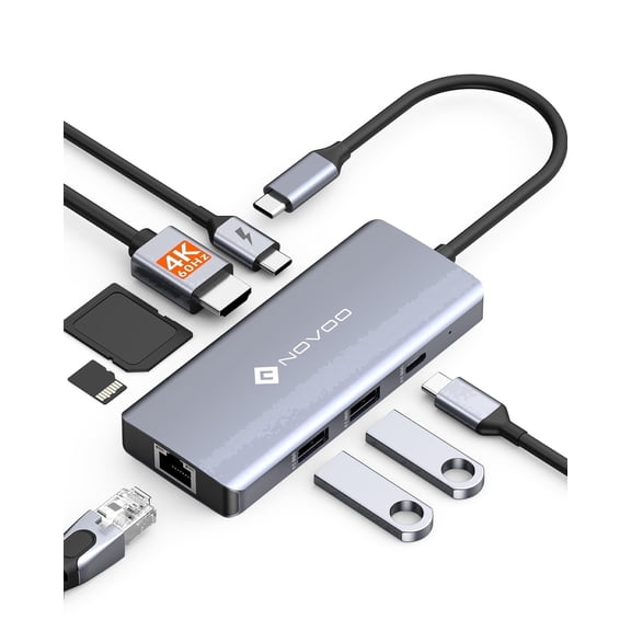 NOVOO USB-C Hub 8-in-1 Multiport Adapter, 4K@60Hz HDMI, Gigabit Ethernet, 100W PD, USB-C & USB-A 5Gbps Data Ports, SD/TF Card Reader for MacBook, iPhone 15, Dell, HP, Lenovo