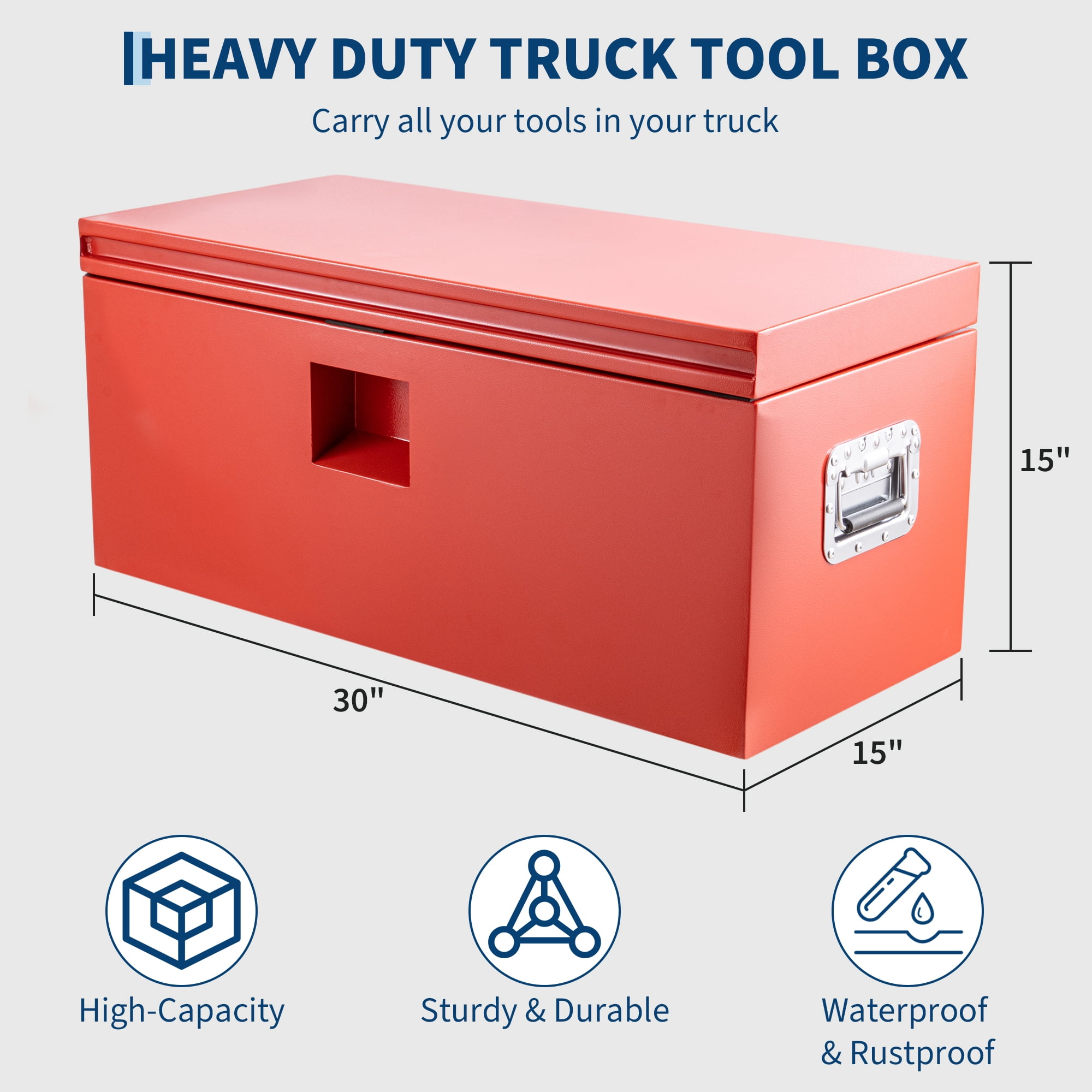 30" x 15" x 15" Red Steel Truck Bed Tool Box, Heavy Duty Trailer Tongue & Pickup Storage Chest with Dual Hydraulic Lid Supports, Truck/RV/Trailer Tool Organizer