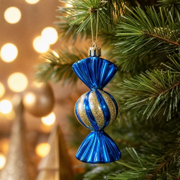 Dark Blue Candy Christmas Tree Decorations, Striped Glitter Hanging Pendants in Box, Festive Holiday Ornaments, and Party Accents, Great Gift for Winter Themed Parties