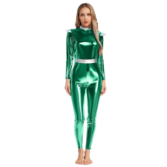 TiaoBug Women Galaxy Space Alien Jumpsuit Dance Unitard Shiny Metallic Catsuit for Rave Club Party Green 3XL