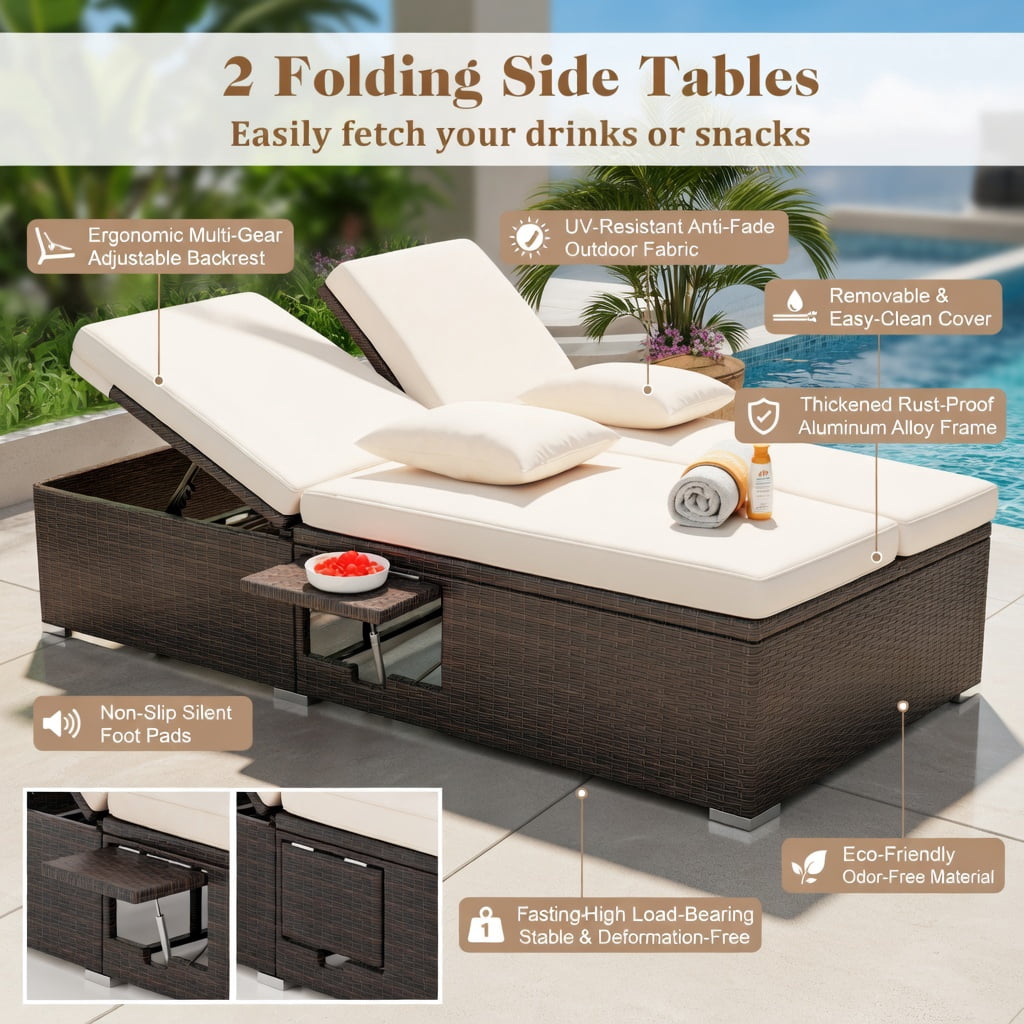 Hommoo Double Chaise Lounge with Adjustable Backrest, PE Rattan Outdoor Patio Lounger for Backyard, Poolside & Deck, Brown