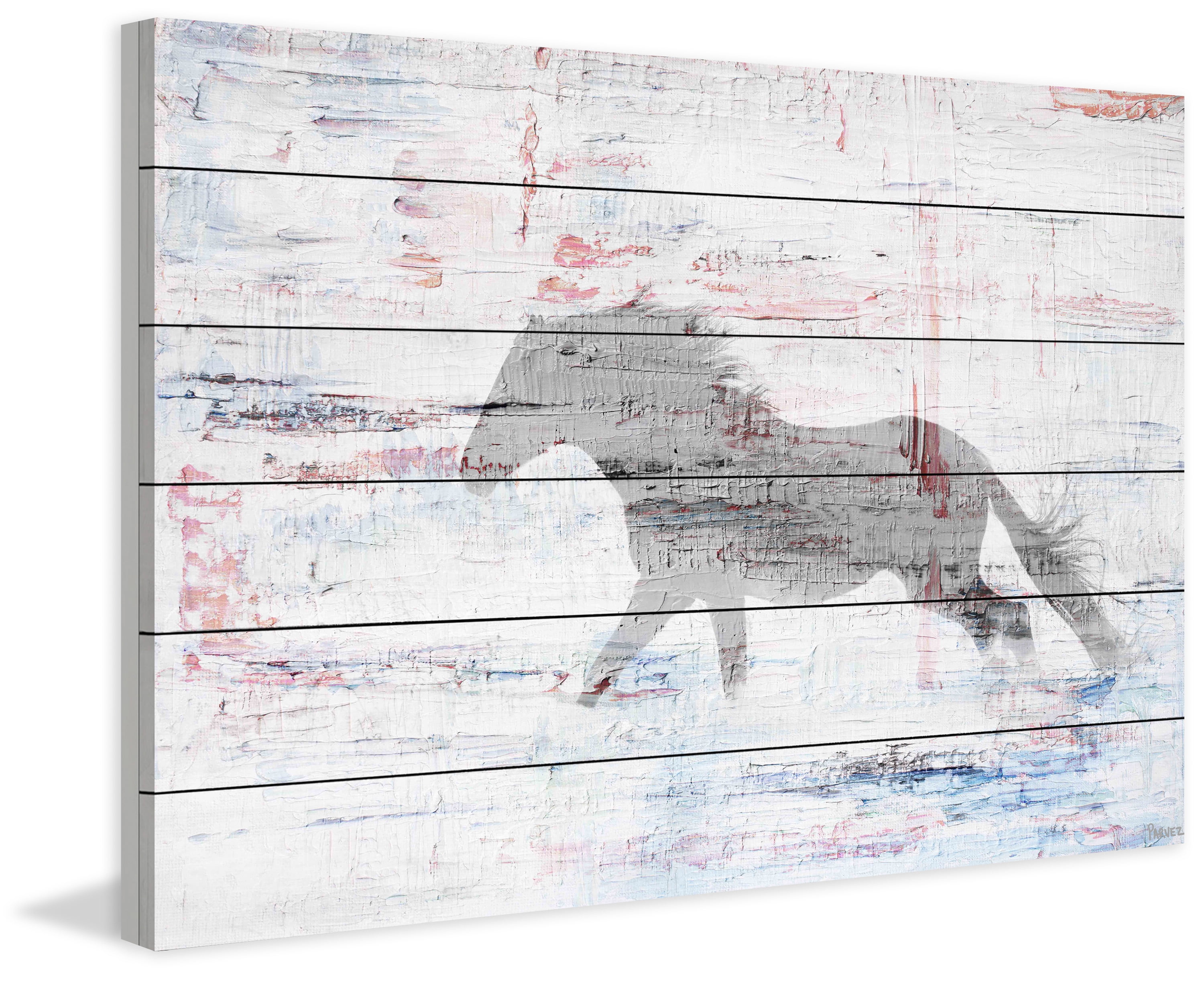 "Grey Horse Trot" Painting Print on White Wood