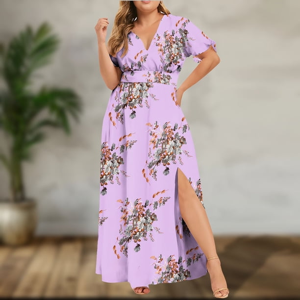 Puntoco Vestido De Manga Corta Con Cuello En V, Vestido Casual De Talla Grande Con Cintura Estampada De Manga Corta Para Mujer, Estampado No Posicionado Morado Xl