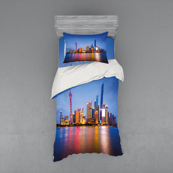 Urban Duvet Cover Set, City Skyline of Shanghai China on Huangpu River Dusk Famous Travel Destination, Bedding Set with Shams and Fitted Sheet, 3 Sizes, by Ambesonne