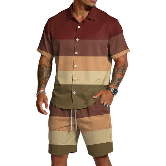 Hearthz Mens Summer Track Suits 2 Piece Shorts Sets Striped Print Short Sleeve Button Down Shirt and Beach Shorts Set Summer Vacation Outfits for Men with Pockets