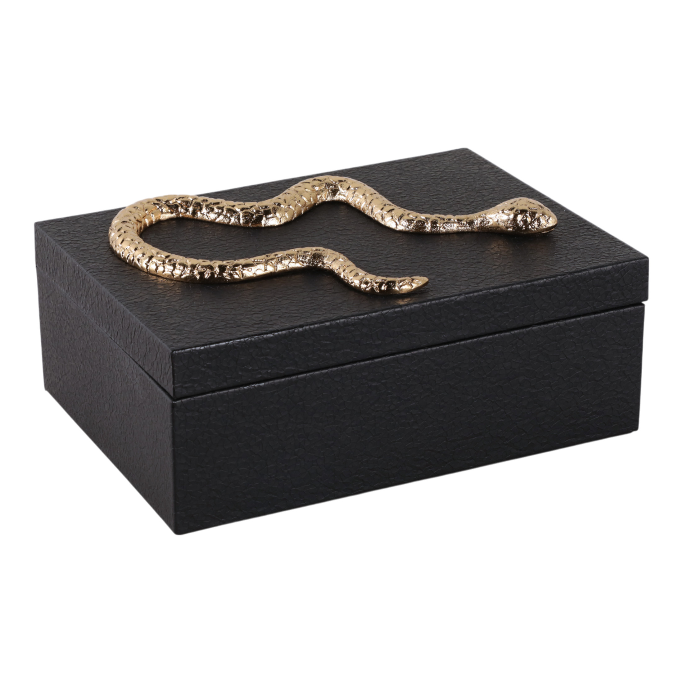 Faux Leather Decorative Box with Snake Accent for Home Decor - Modern Decor Box and Jewelry Keepsake with Lid for Bedroom Vanity - Storage Organizer for Bathroom Counter - 5", Black & Gold