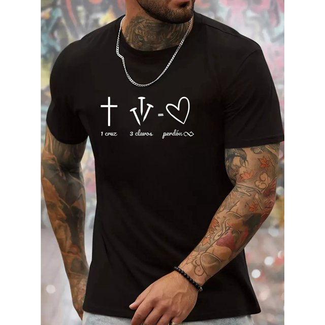 Cross, Nails, Heart Element Print Slim Fit Short-sleeve, Simple T-shirt For Summer, Men's Round Neck Short-sleeve T-shirt, Casual T-shirt, Casual Comfortable Top
