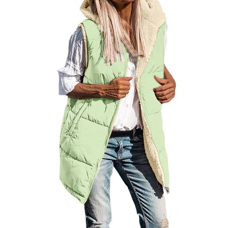 MIASHUI Long Down Vest Women s Reversible Sleeveless Winter Warm Hooded Parka with Pockets Lightweight Outerwear Light Green XL