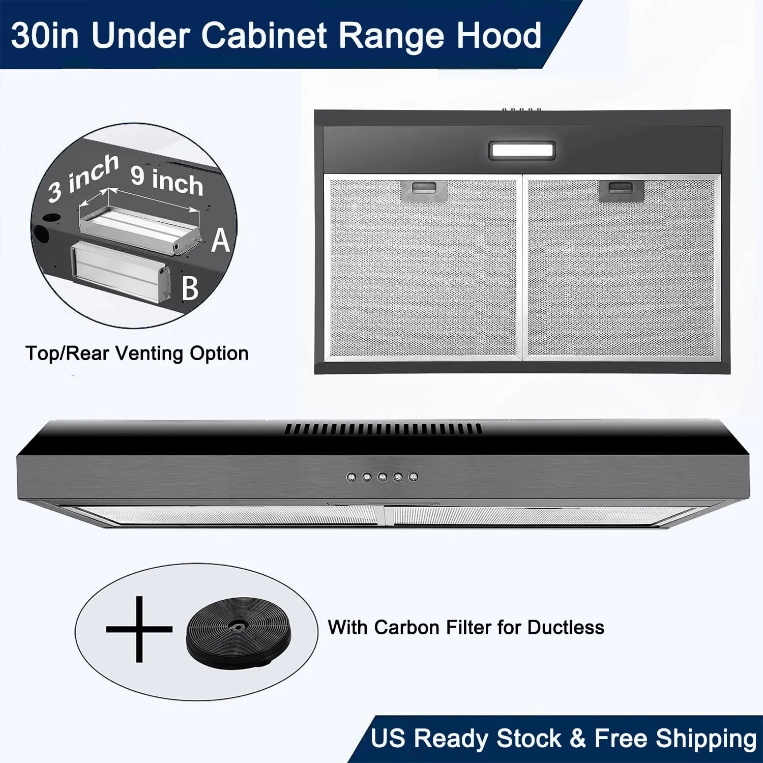 "Joeaonz 30"" Convertible Under Cabinet Range Hood with Mesh Filter and LED Light, 120V Stainless Steel Exhaust Vent"