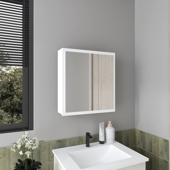 21.1" H White Medicine Cabinet, 1 Door, 4 Shelves, Mirror Installed Present