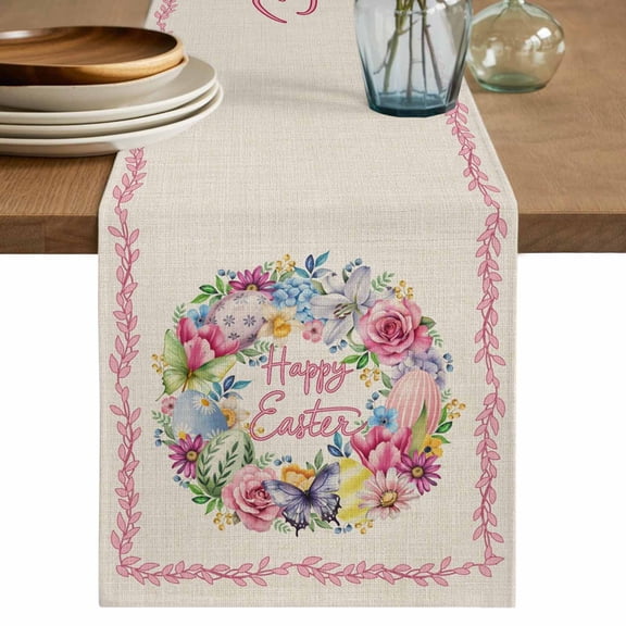 Happy Easter Table Runner 72 Inches, Spring Flower Pastoral Butterfly Retro Beige Bed Runner Dresser Scarves Tabletop for Indoor Outdoor Parties/Ceremony/Banquet, 16" x 72"