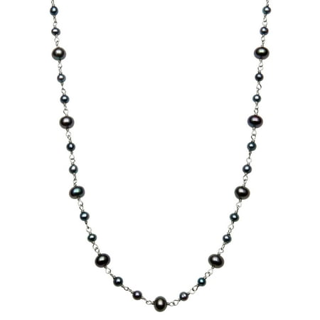 - 3-4mm and 5-6mm Dyed Black Cultured Freshwater Pearl Sterling Silver Tin Cup Necklace, 18