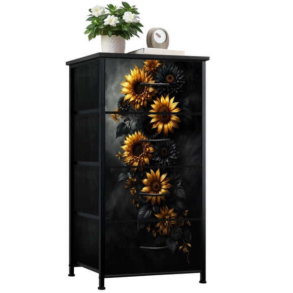 Dresser for Bedroom with 4 Storage Drawers Golden Black Sunflowers Elegant Floral Arrangement Dressers Chest of Drawers Steel Framed Fabric Closet Organizers for Dorm Entryway