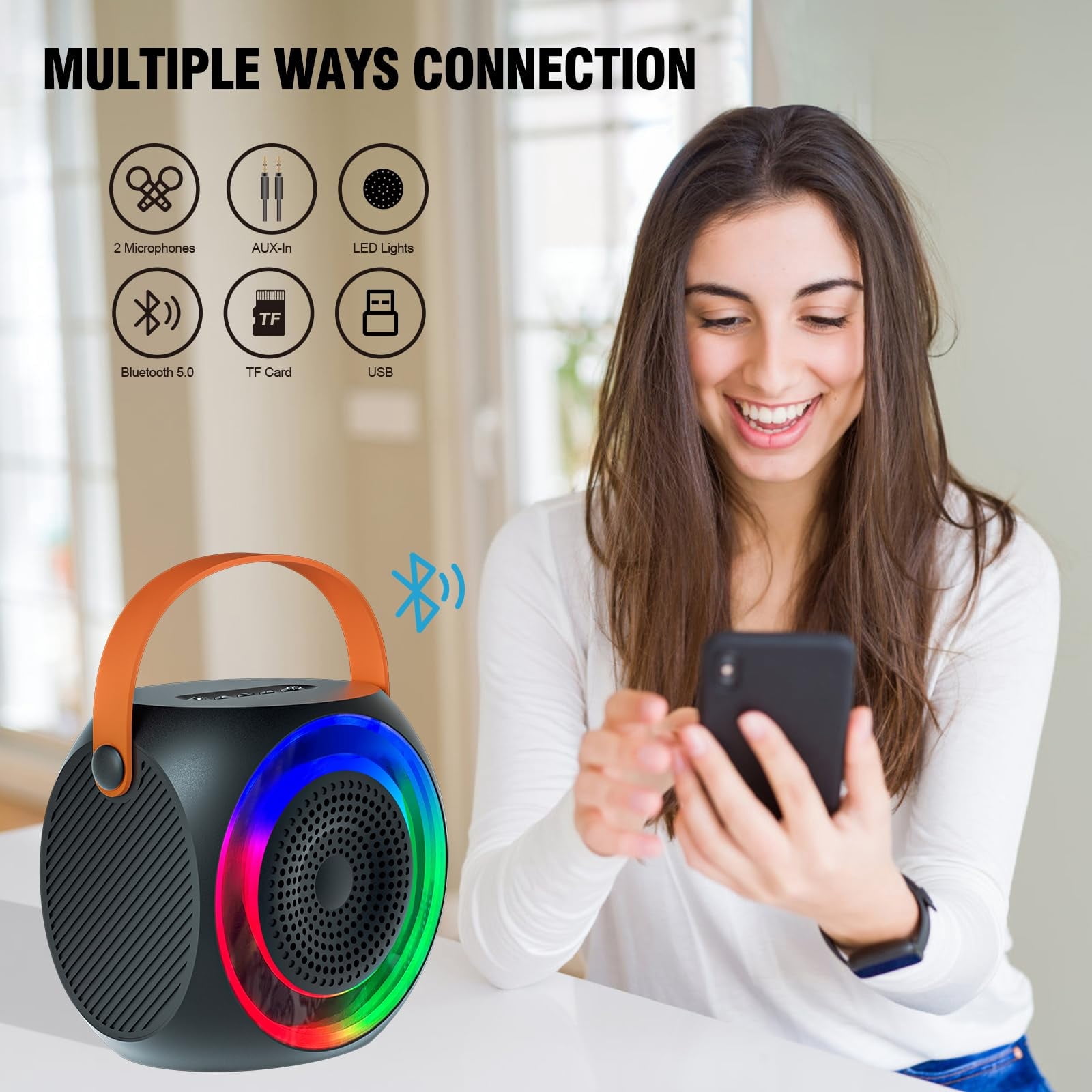 Mini Karaoke Machine for Kids Adults, Portable Karaoke Speaker with 2 Wilreless Microphones and Bluetooth for Home Party, Birthday Gifts for Boys/Girls,Black