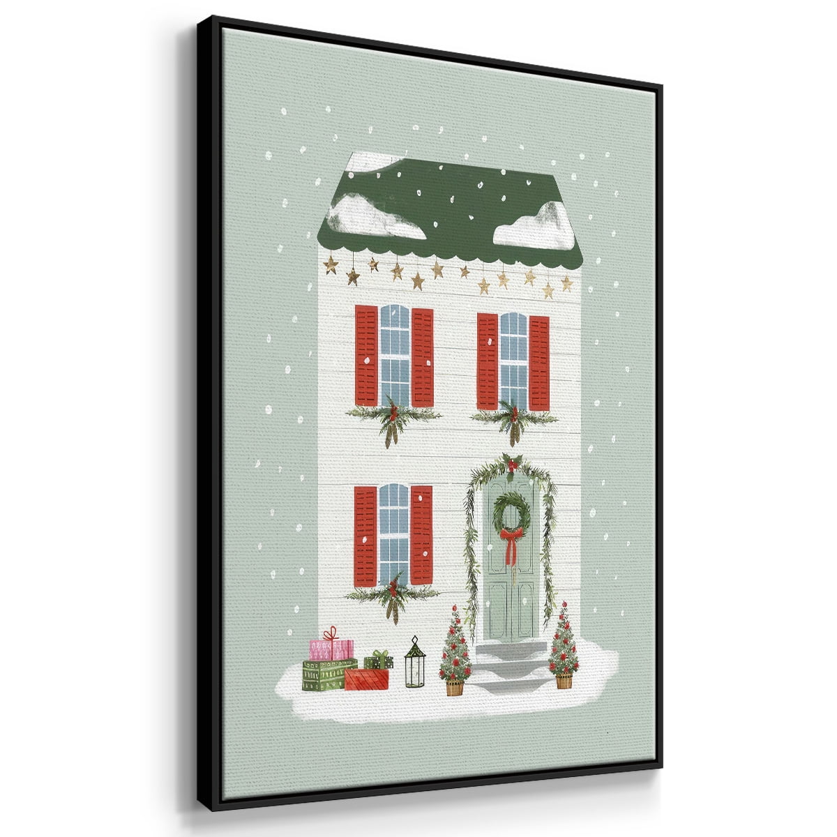 Festive Front Door IV - Framed Gallery Wrapped Holiday Canvas - 17 x 25 - Black Frame