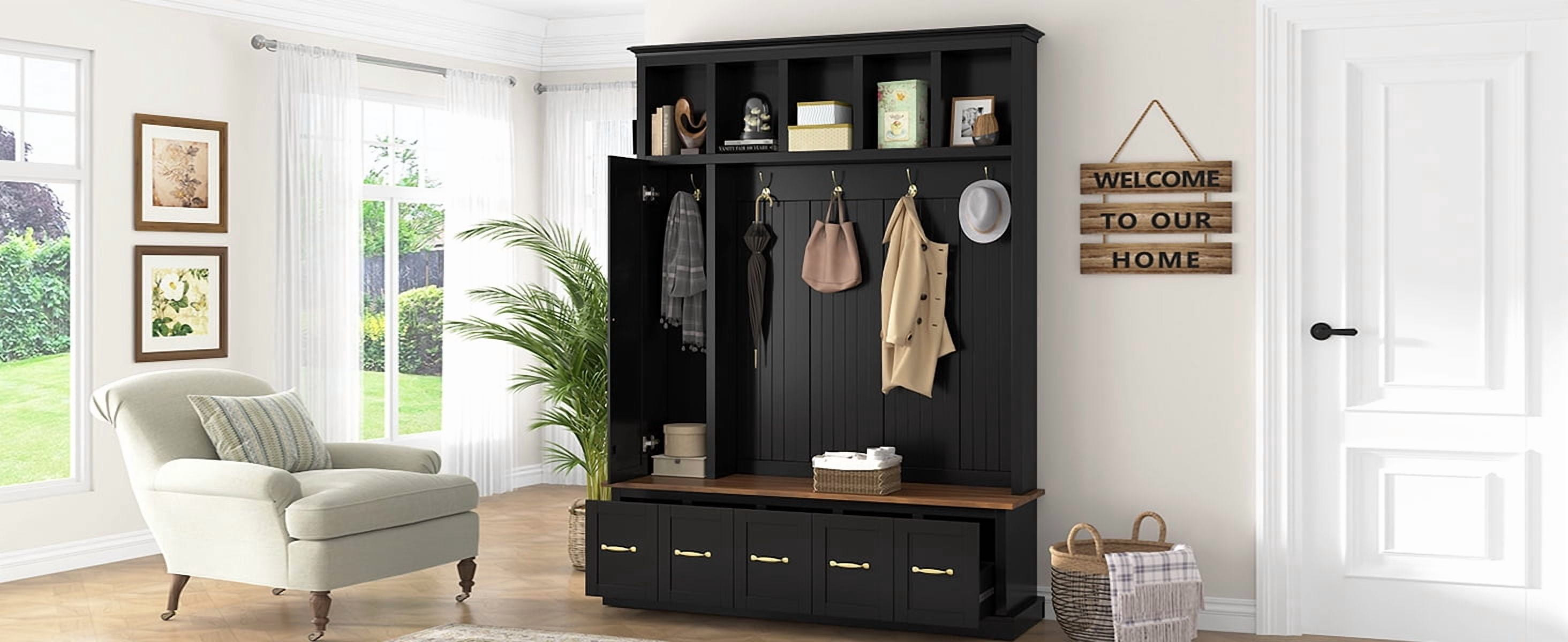 Mintazer 78.7” Tall Farmhouse Entryway Hall Tree with Coat Rack Hooks, 2 Closet, 5 Drawers & Shoe Storage Bench for Living Room, Bedroom, Hallway, Black