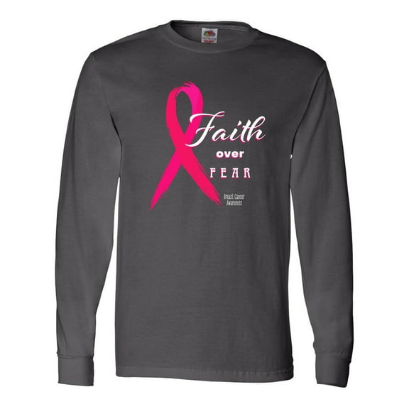 Inktastic Faith over Fear Breast Cancer Awareness with Pink Ribbon Long Sleeve T-Shirt