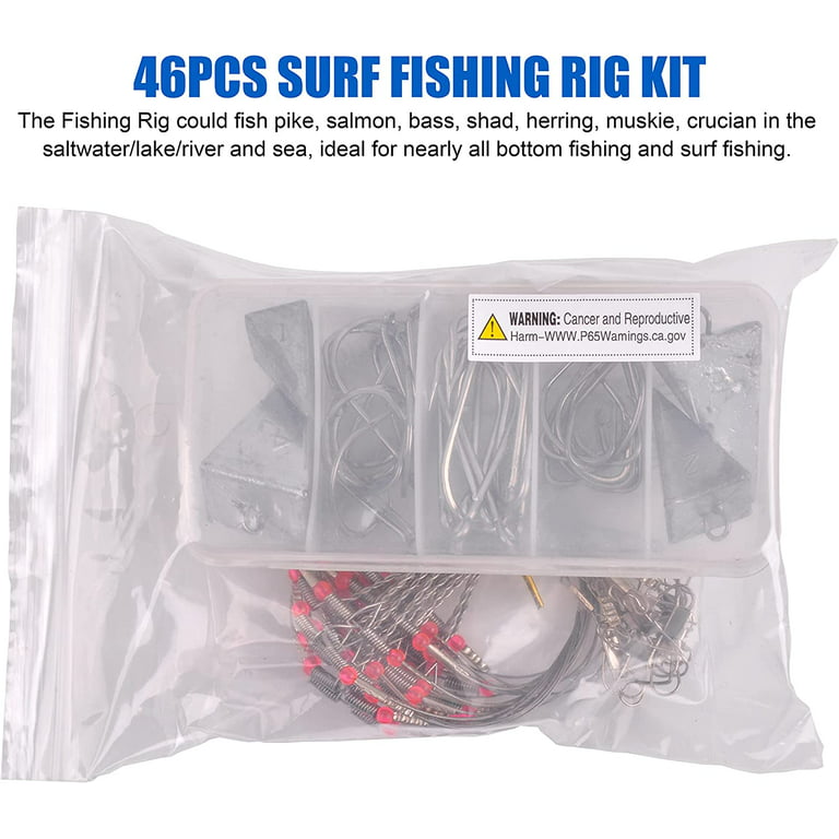 Saltwater Surf Fishing Rig Leader Weights Kit– 46pcs Pyramid Sinker Octopus  Circle Hook Stainless Steel Hook Wire Trace Leader Rig with Swivel Snaps