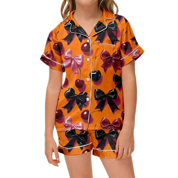 Girls Sleepwear Set for Girls Short Sleeve Pajama Shorts with Cherry Bow Print Round Neck Comfortable Home Loungewear for Kids 2-13 Years Old