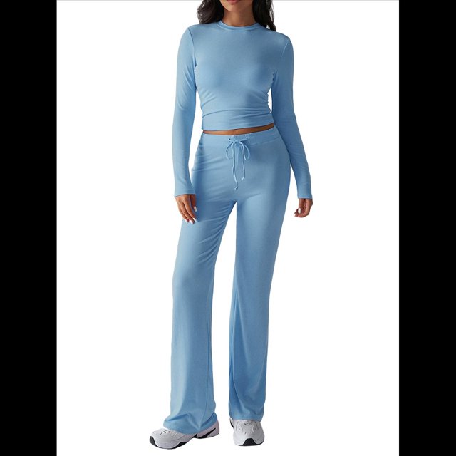 Conjuntos de 2 Piezas para Mujer, Larga, Cuello Redondo, Pantalones Acampanados de Cintura Alta, Conjuntos de Chándal, Ropa de Calle. Azul M