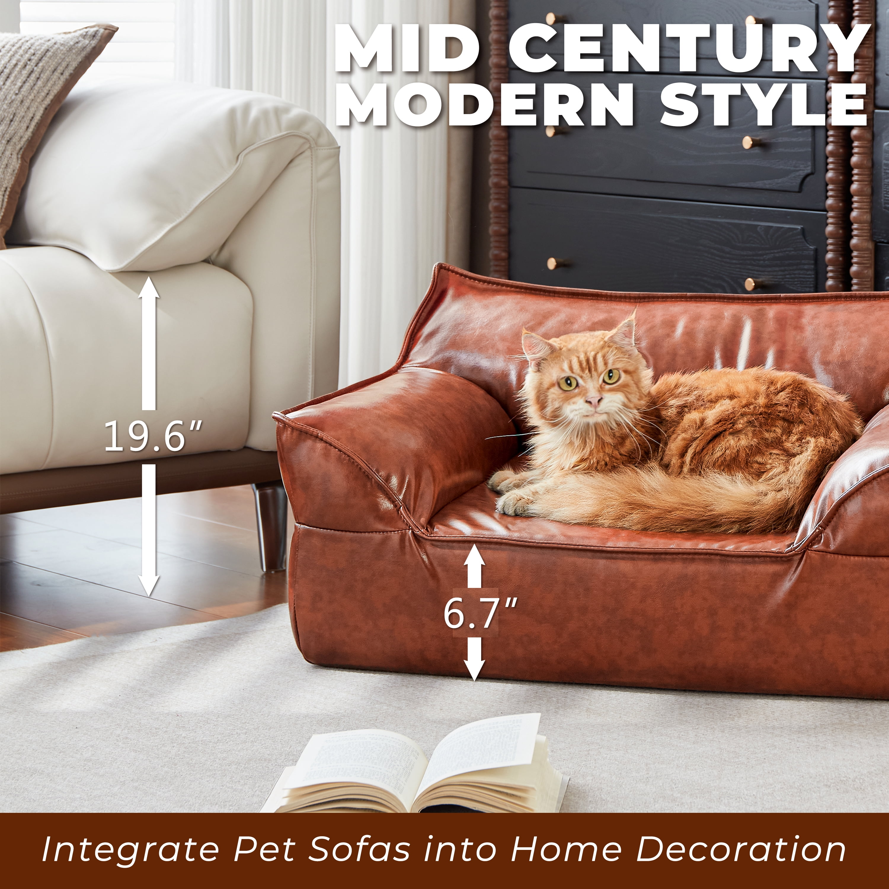 ATJafurn 31.5''W Leather Brown Dog Bed Sofa, Mid-Century Modern Pet Bed Couch for Medium Dogs up to 50lbs with Removable & Washable Cover