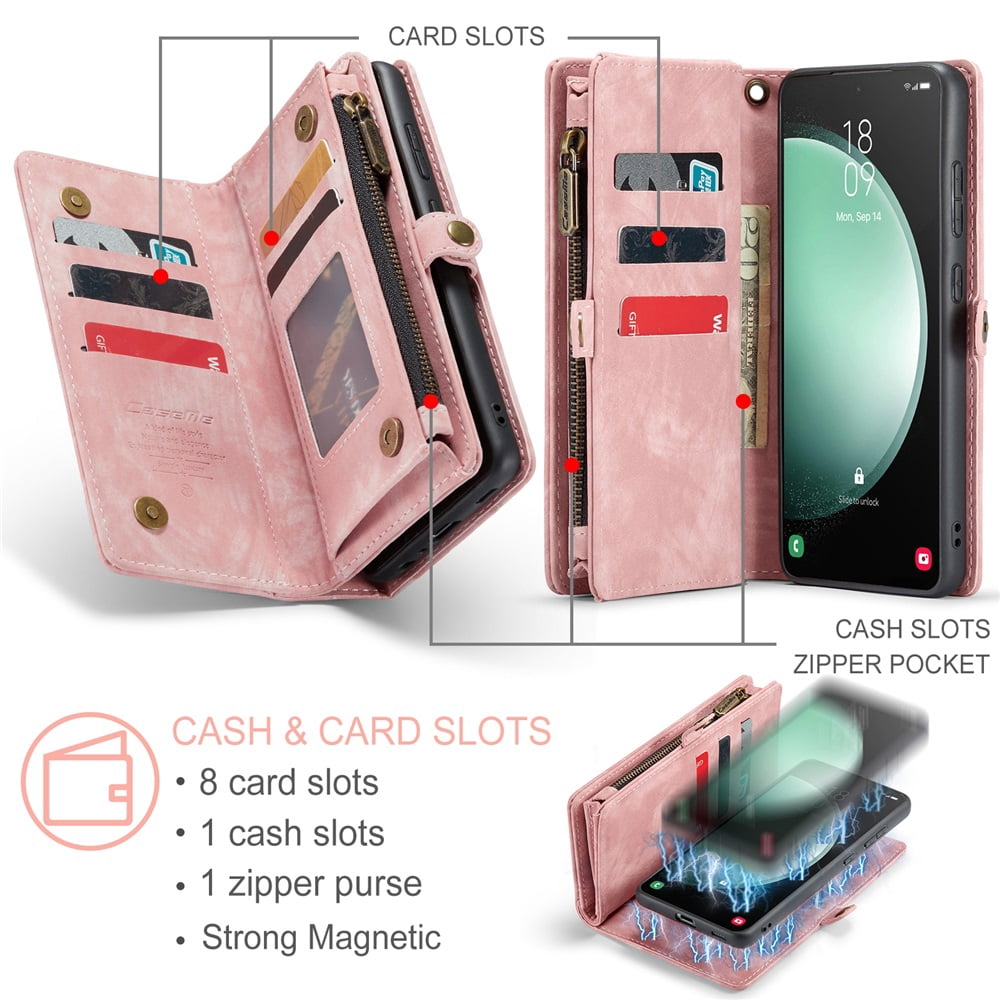 CaseMe Leather Case for Samsung Galaxy S23 FE 5G,2 in 1 Detachable Wallet Case with 8-Card Holder Zipper Bills Slot,Magnetic Shockproof Flip Leather Cover Zipper Pocket Phone Cases,Pink