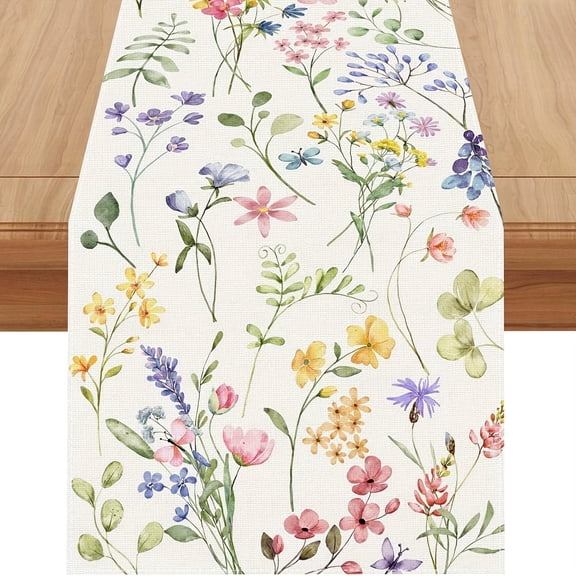 FDEEOM Floral Spring Table Runner Decorations, Linen Wildflower and Butterfly Pattern Table Runner Dining Table Decoration for Home Party 13x72 Inch