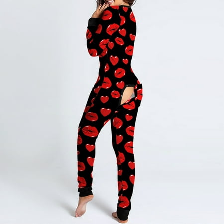 

Pajamas for Women Women Print Long Sleeve Button Flap Nightwear Jumpsuit Bodysuit Playsuit Romper womens pajama sets