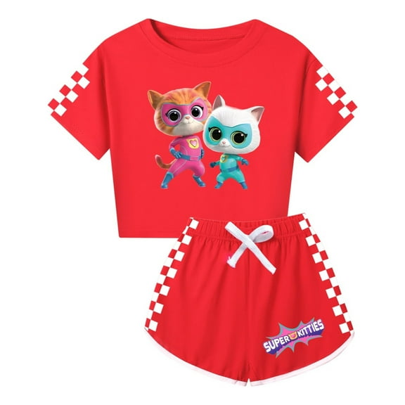 Girls SuperKitties Summer Set – 2-Piece Outfit with Cropped Shirt and Shorts for Children