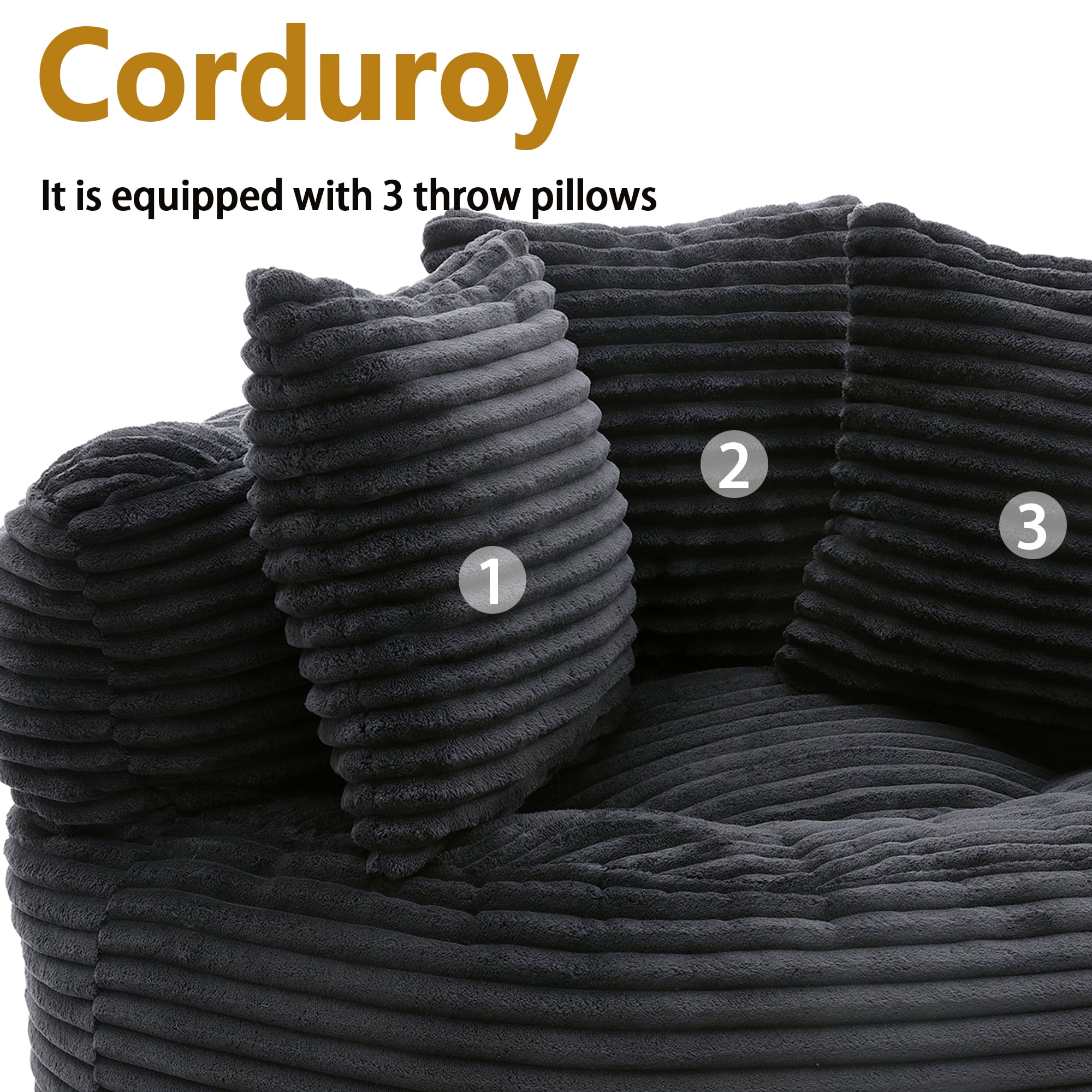MDQMD 45"Oversized Bean Bag Chair Round with Armrests Corduroy Fabric 3 Pillows Comfy Lazy Sofa for Adults Giant Bean Bag Chair for Living Room Bedroom Gaming Reading Black