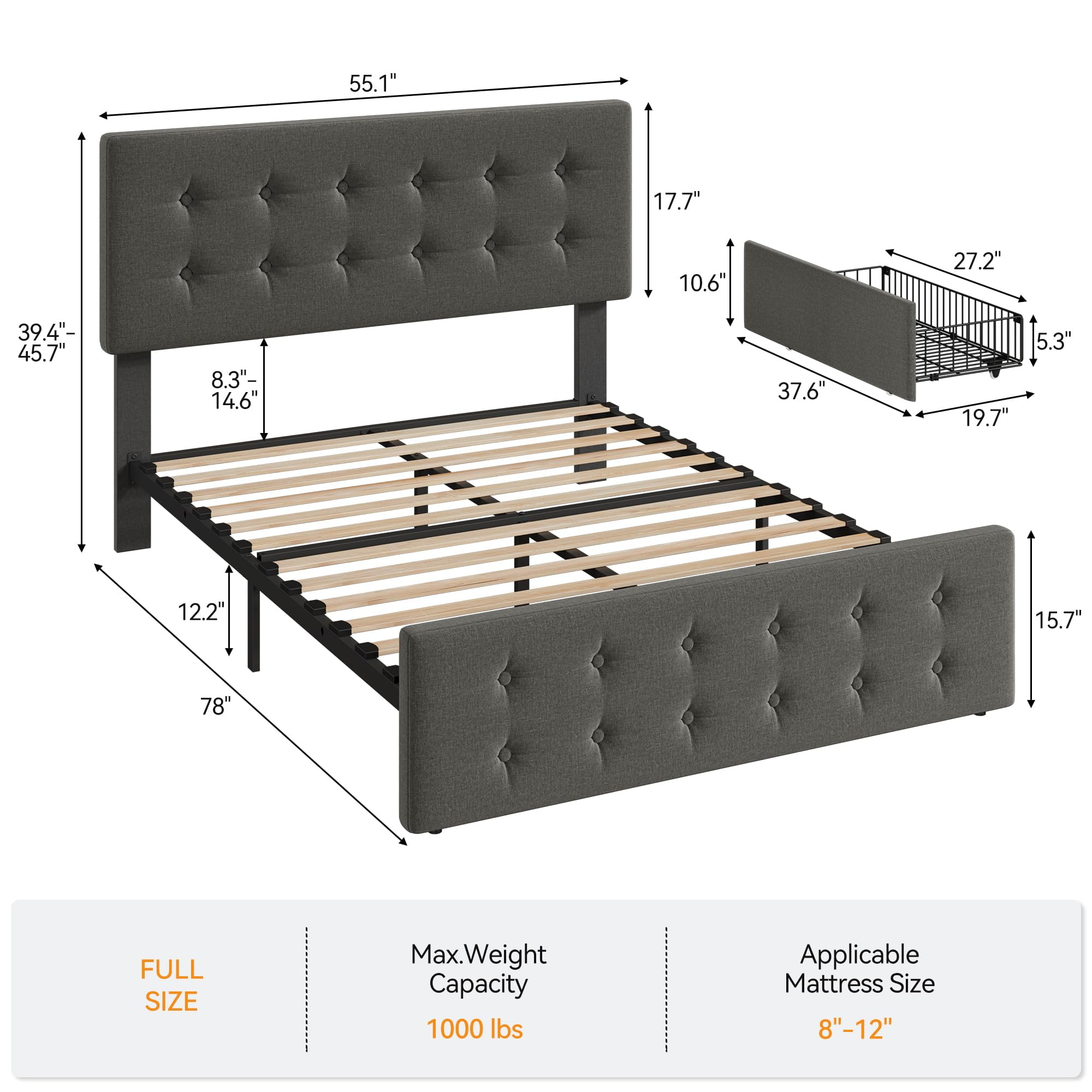 Huisuilinss Linen Upholstered Platform Bed Frame Queen Size Bed Frame With Button Tufted Design Headboard Full Size Bed Frame With 4 Storage Drawers Wooden Slats Support No Box Spring Needed
